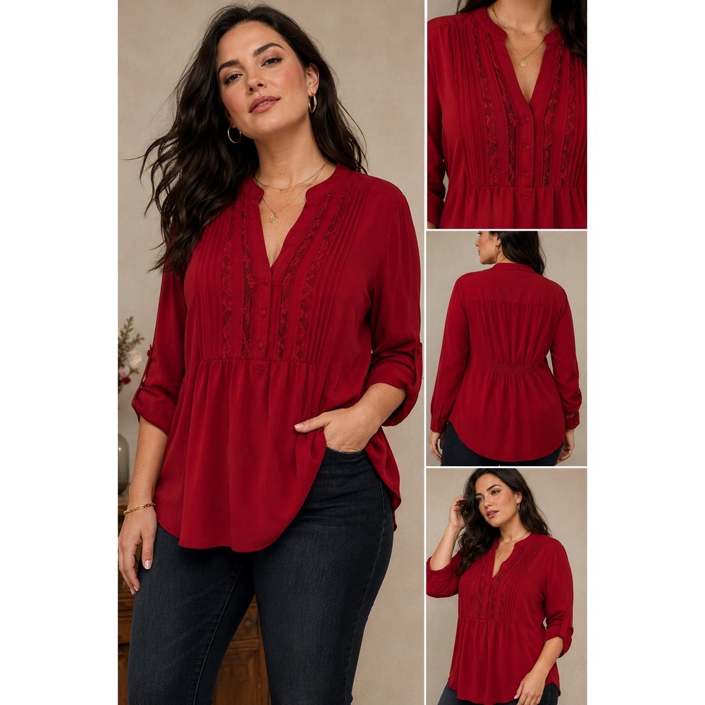 Torrid Red Lace Pintuck Roll Tab Sleeve Blouse Smocked Back Top Plus Size 0
